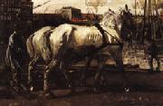 George-Hendrik Breitner Two White Horses Pulling Posts in Amsterdam oil painting